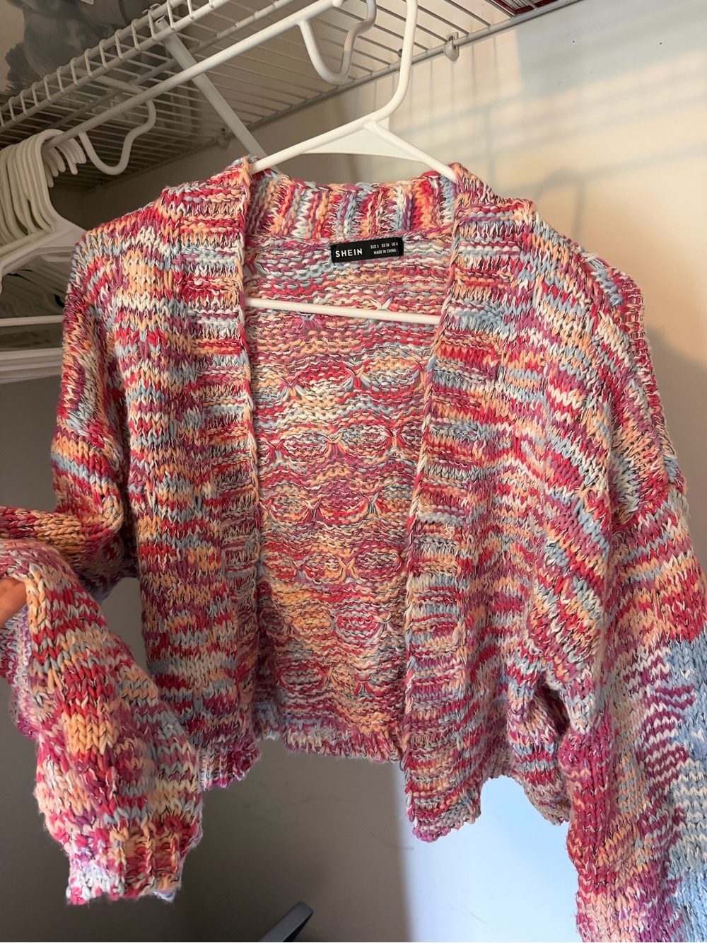SHEIN Pink Multi-Color Open Front Knit Cardigan